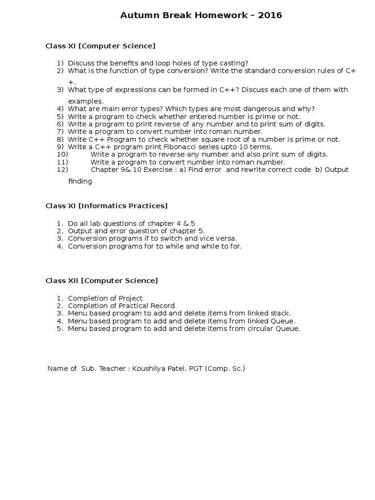 Class XI & XII C++ Homework Guide | PDF | Computers