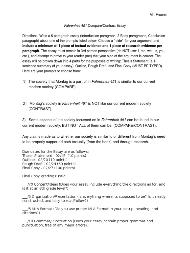 Fahrenheit 451 Compare/Contrast Essay Guide | PDF
