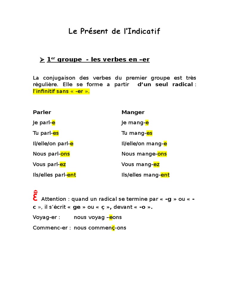 Présent De L indicatif 1er Groupe Present | PDF | Verbe | Mécanique du langage