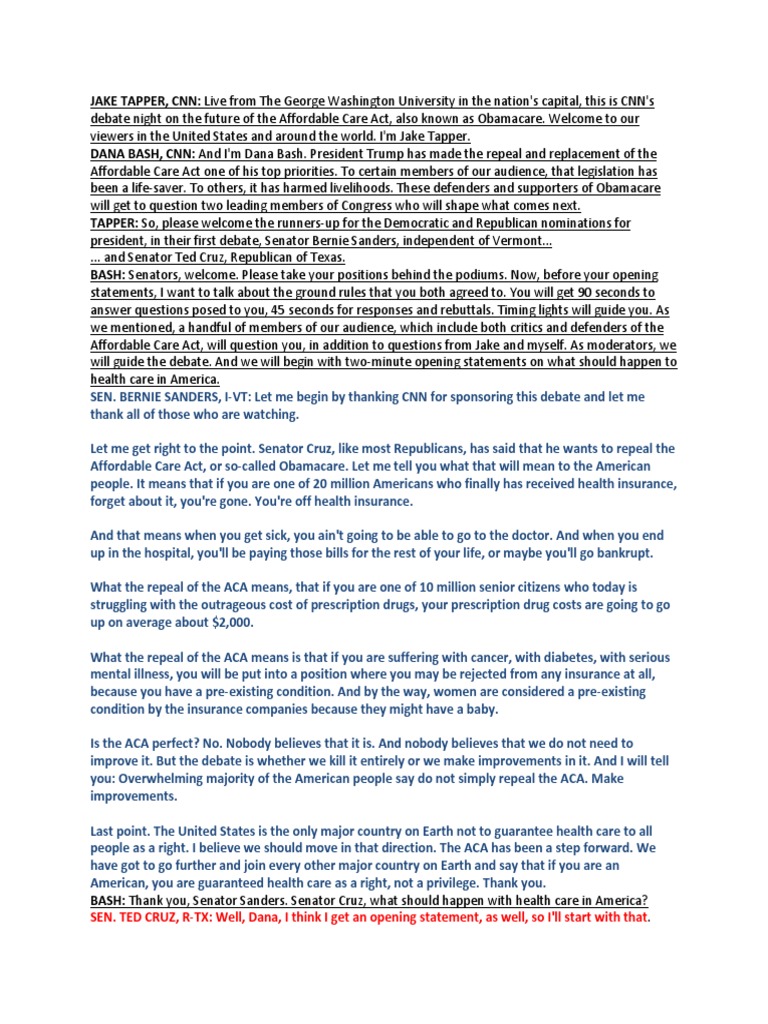 Debate Transcript | PDF | Patient Protection And Affordable Care Act ...