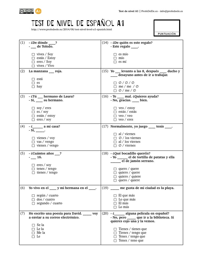 Test de Nivel A1 de Español PDF | PDF | Ocio