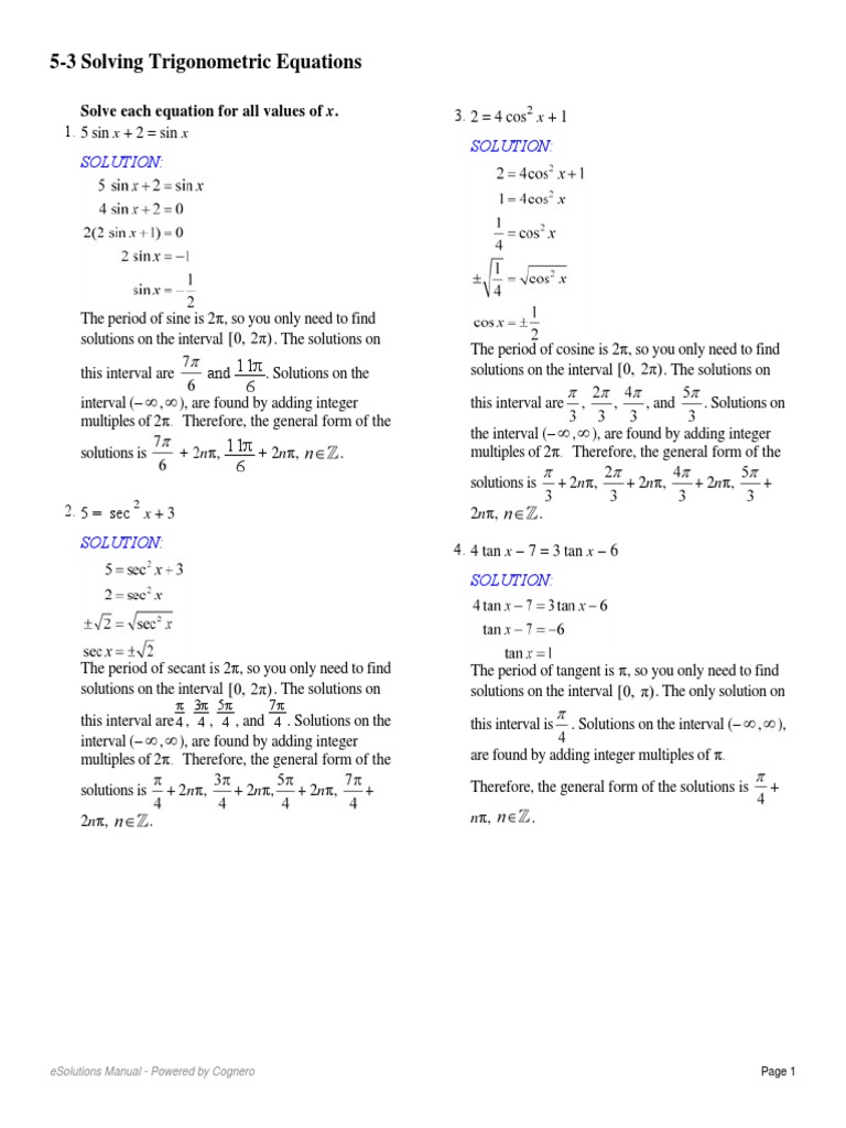 Worksheets Solving Trigonometric Equations Worksheet 5 3 solving trigonometric equations pdf functions sine