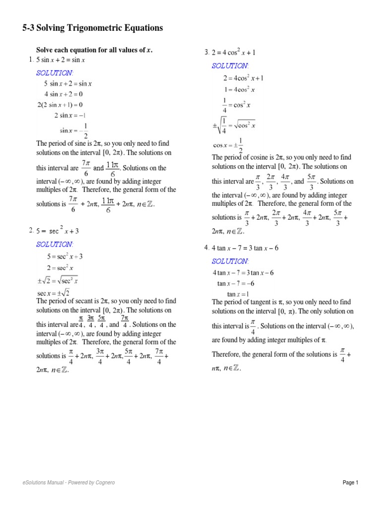 11-11 Solving Trigonometric Equations PDF  Trigonometric Functions Throughout Solving Trigonometric Equations Worksheet Answers