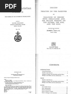 Ancient Christian Writers 54 Origen Robert J Daly Trans Ed Treatise On The Passover And Dialogue With Heraclides Paulist Press Origen Passover