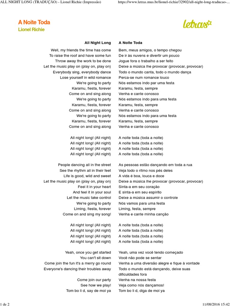 Letras Lionel Richie All Night Long