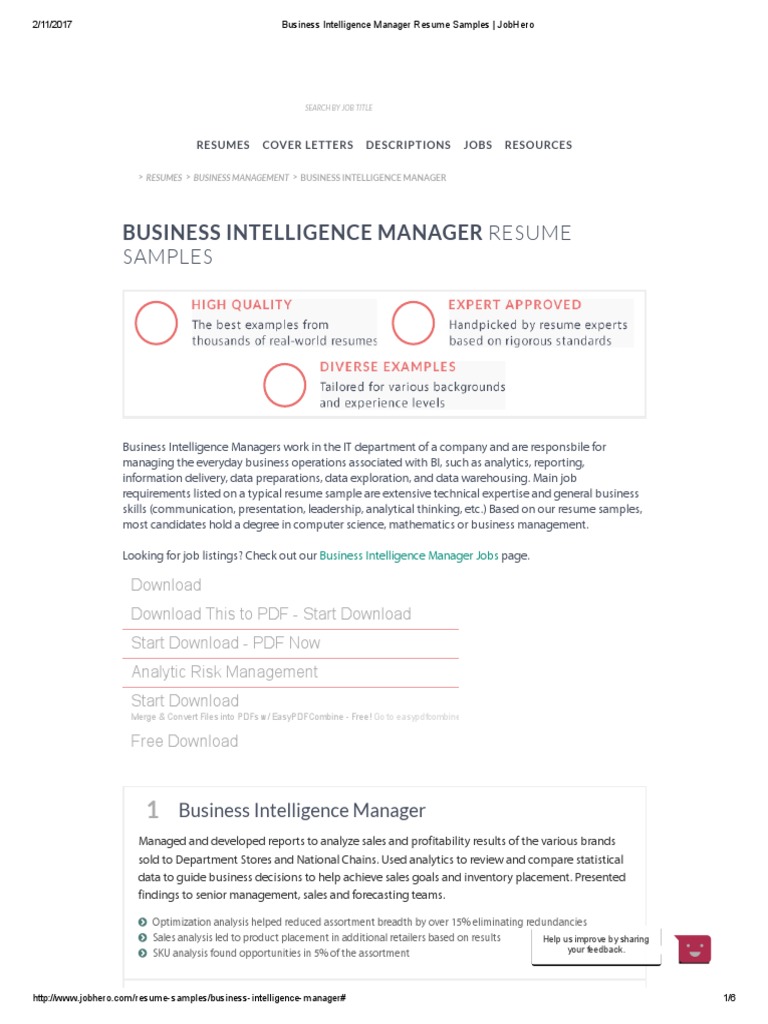 Business Intelligence Manager Resume Samples - JobHero | PDF | Business