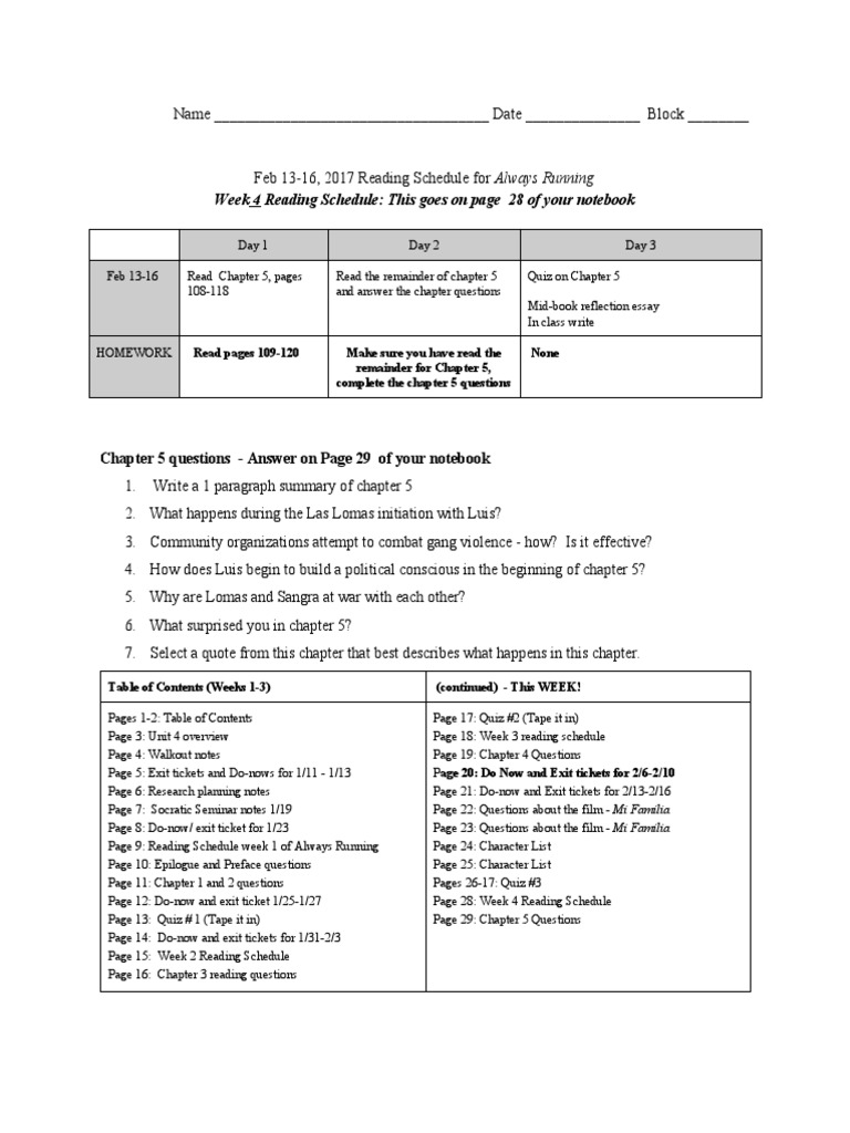 Week 4 Readingscheduleofalwaysrunning | PDF | Language Arts & Discipline