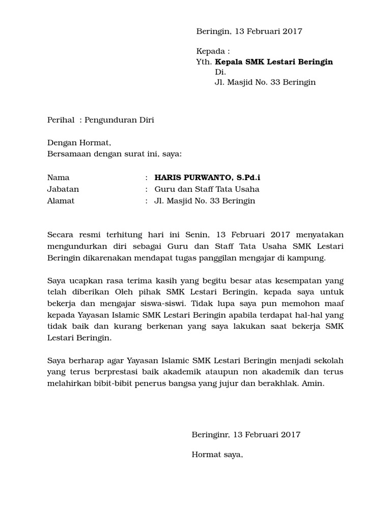 2 Contoh Surat Pengunduran Diri Seorang Guru Yang Baik Dan