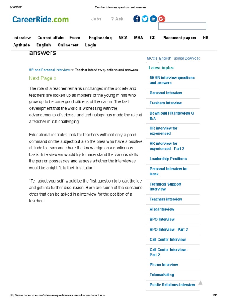 Teacher Interview Questions and Answers | PDF | Test (Assessment ...