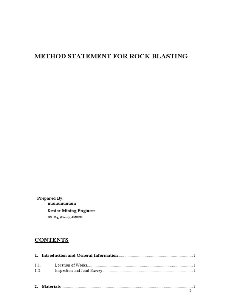Method Statement For Blasting PDF Drilling Nature
