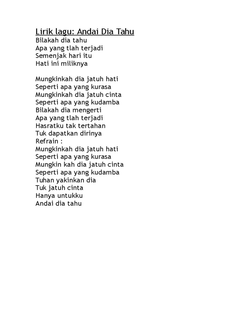 Lirik Lagu Andai Ditahu
