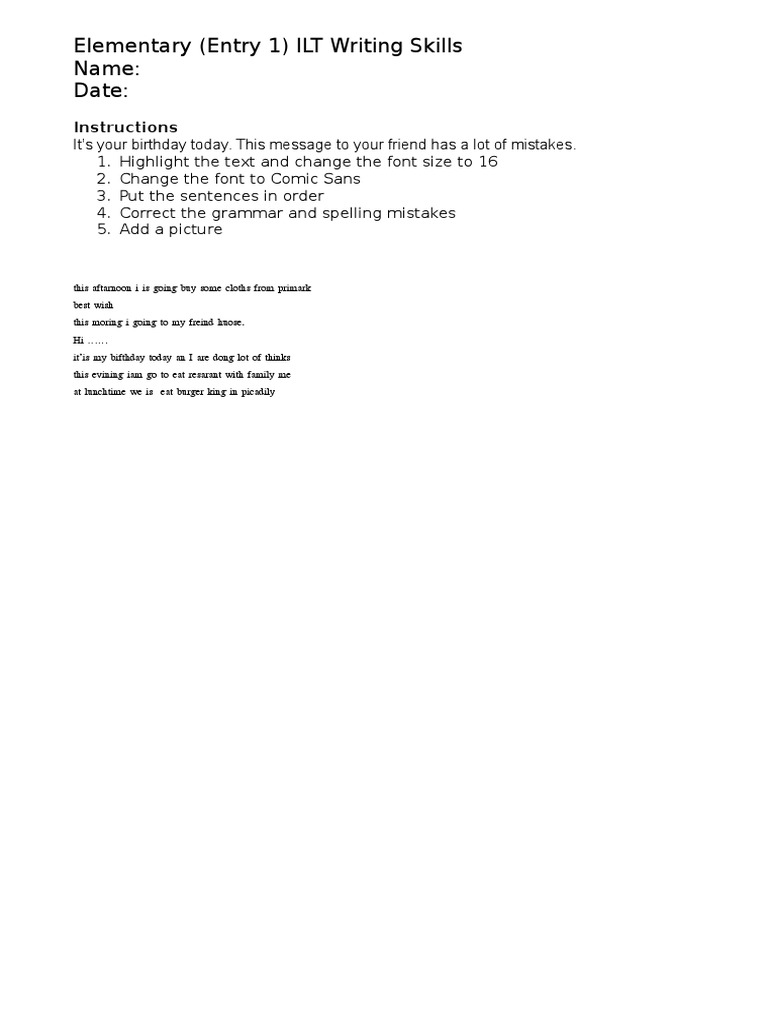 Elementary (Entry 1) ILT Writing Skills Name: Date:: Instructions | PDF ...