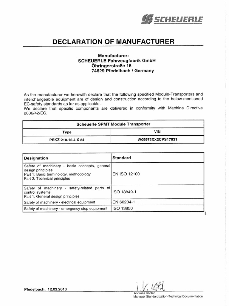 Declaration of manufacturer