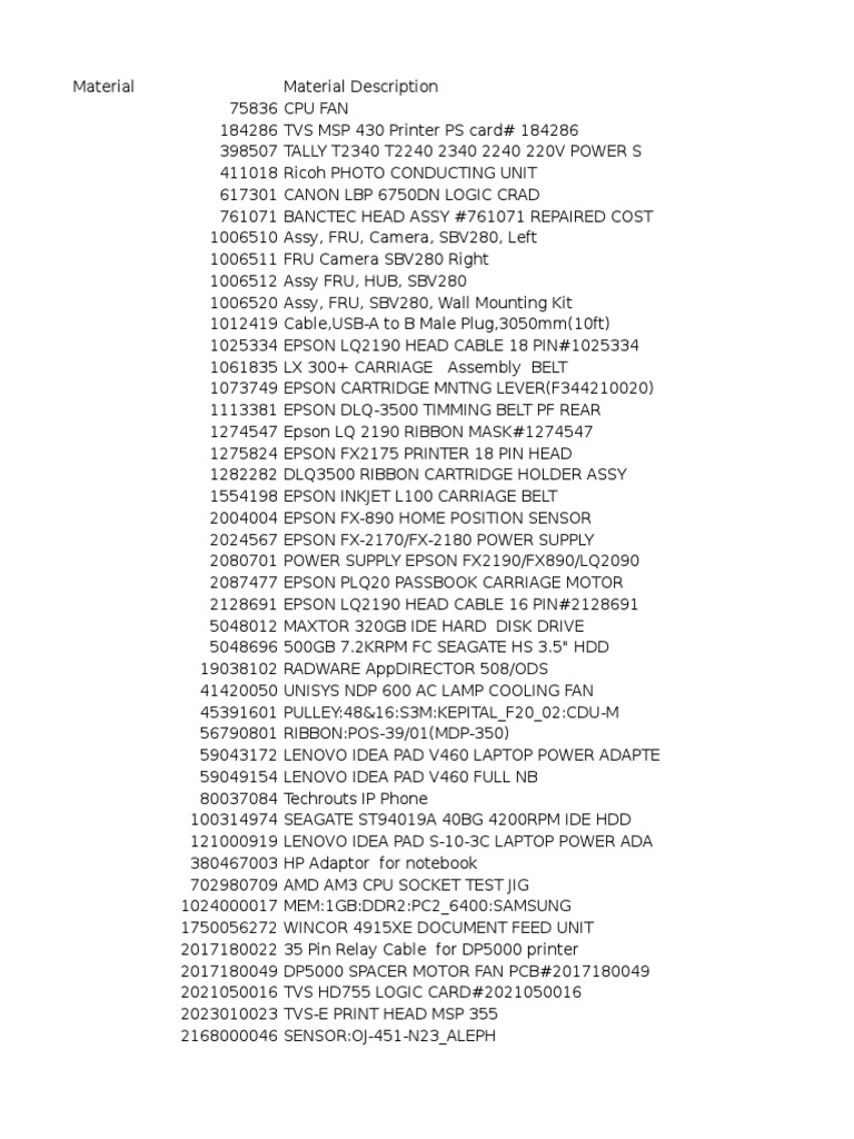 Spares List | PDF | Laptop | Personal Computers