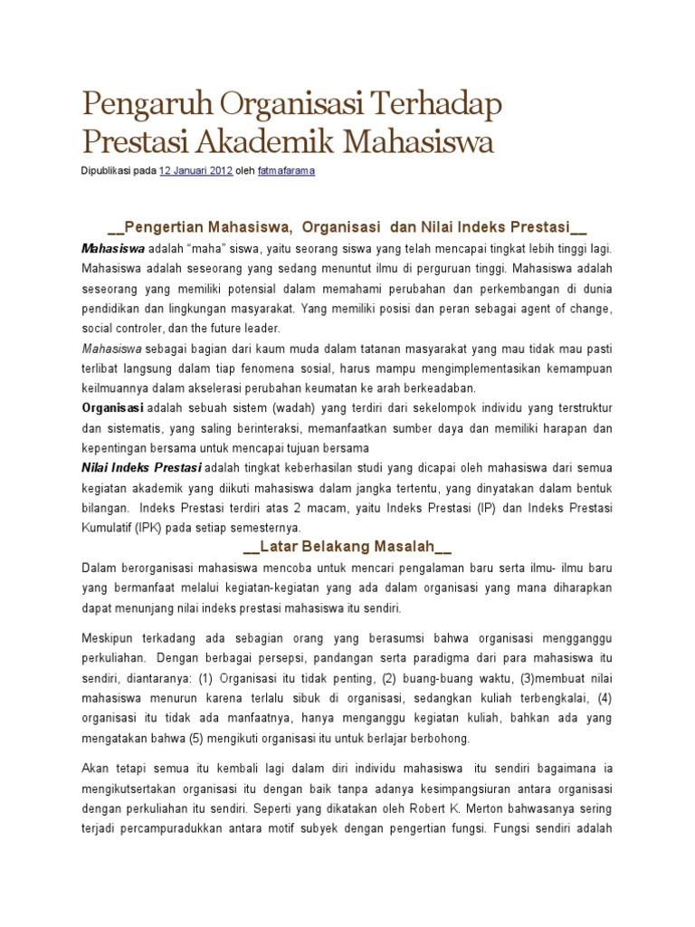Pengaruh Organisasi Terhadap Prestasi Akademik Pdf