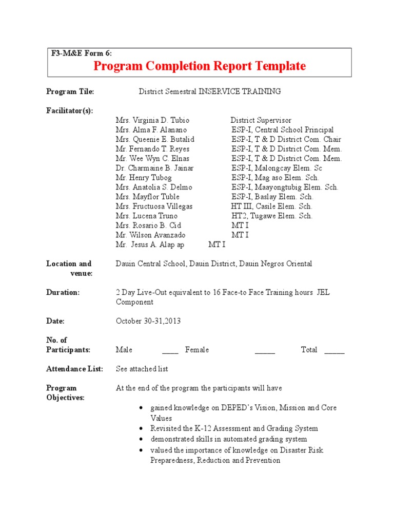 Program Completion Report: In-Service Training | PDF | Curriculum ...