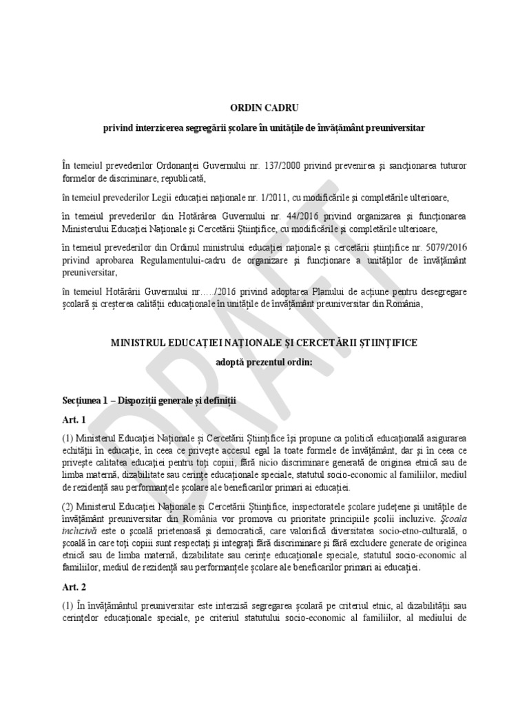 Proiect ORDIN CADRU Interzicere Segregare Scolara PDF | PDF
