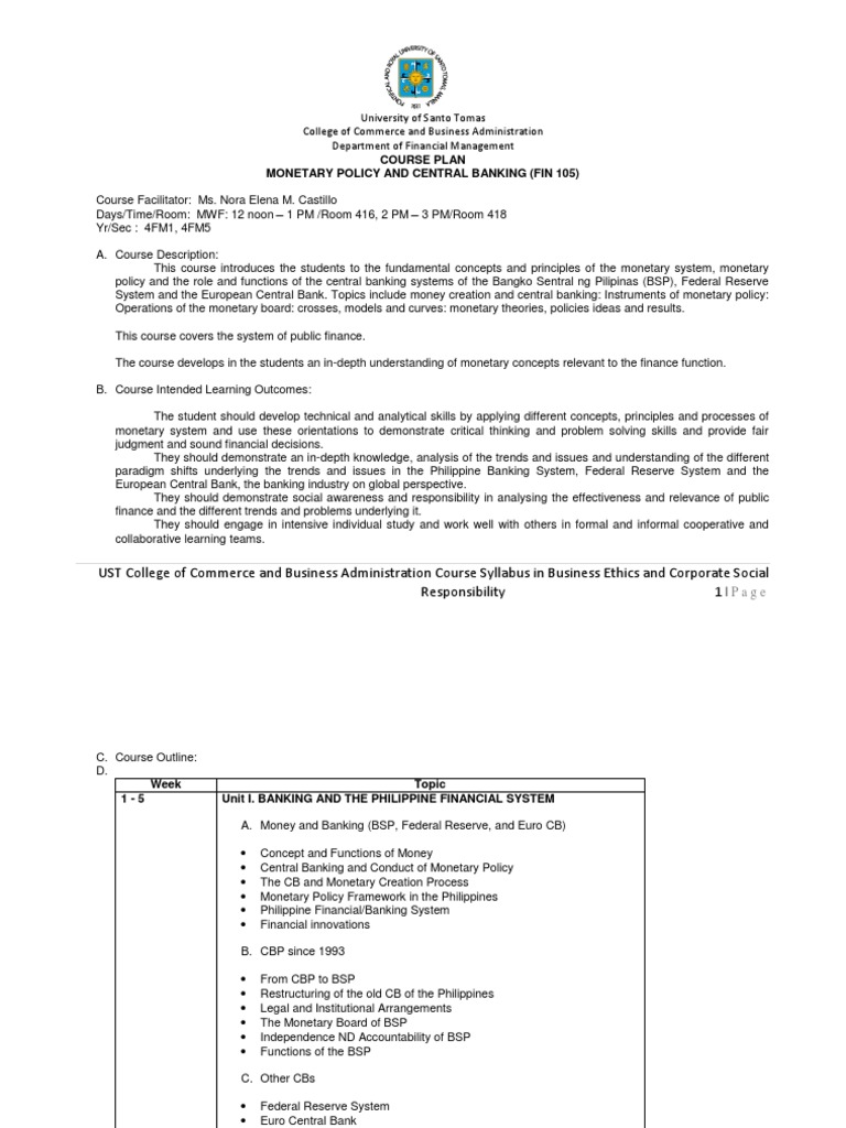 Syllabus Policy and Central Banking PDF Central Banks