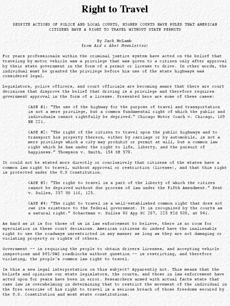 Right to Travel by Jack McLamb Freedom Of Movement United States