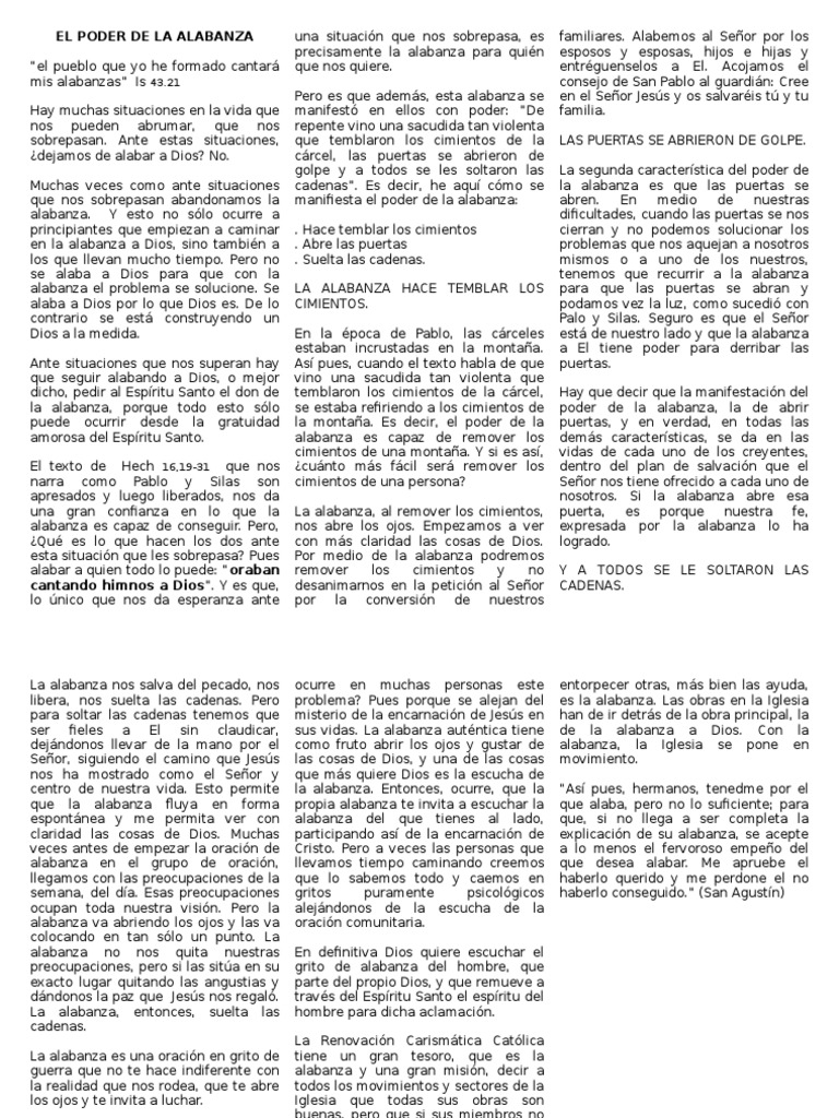 El Poder de La Alabanza | Descargar gratis PDF | Oración | Iglesia Católica