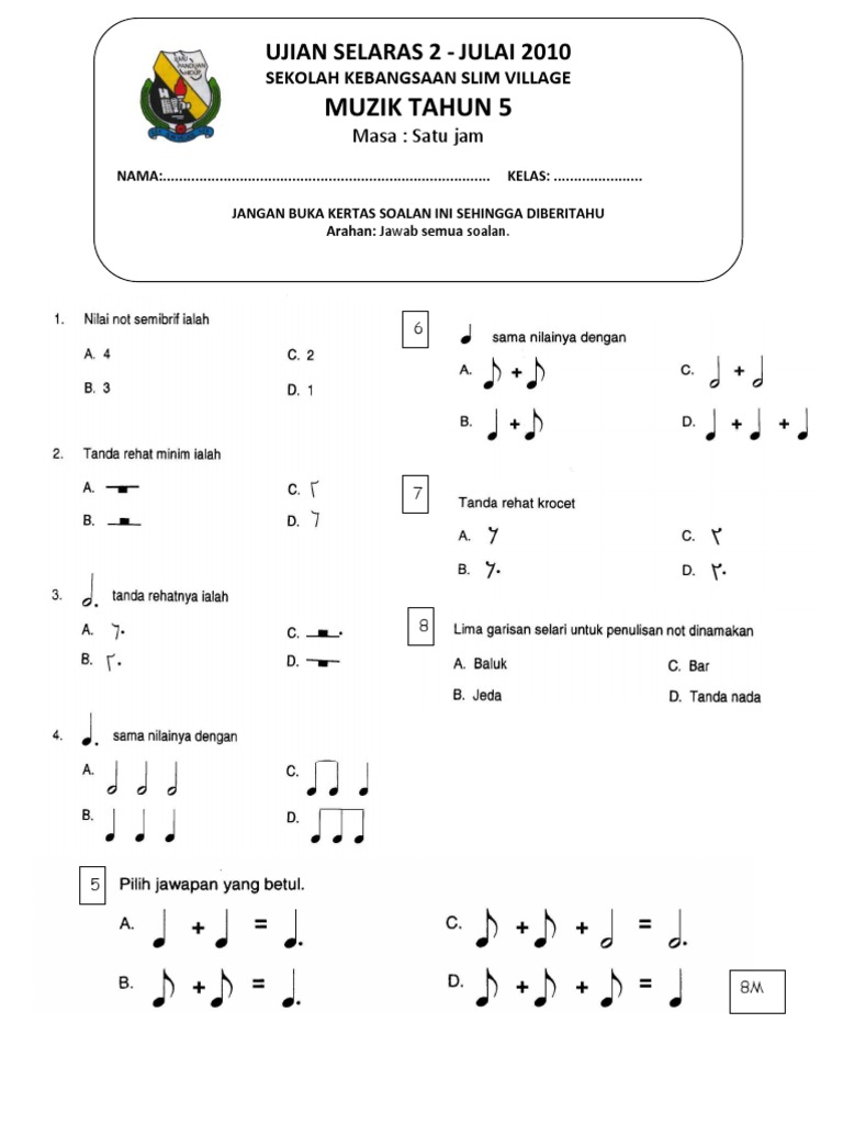 Soalan Ujian Muzik Tahun 5 Pdf