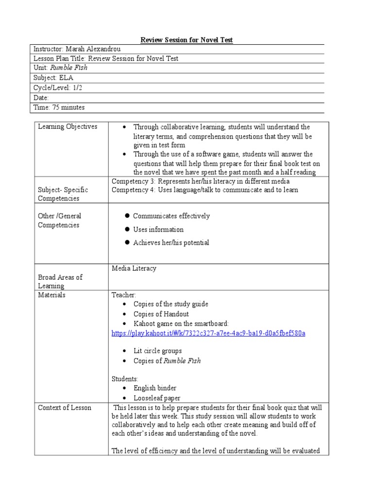 Novel Test Review Session Plan | PDF | Test (Assessment) | Applied ...