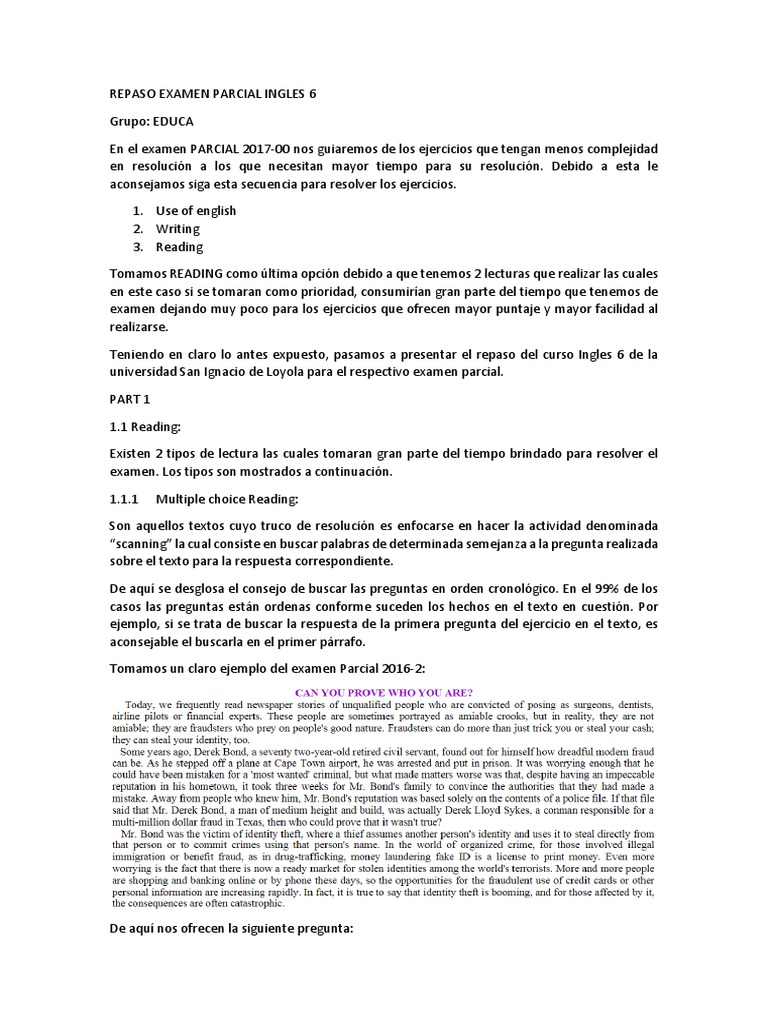 Repaso para el Examen Parcial de Inglés 6 | PDF | Prueba (evaluación ...