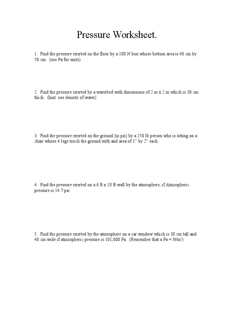 Pressure Worksheet PDF
