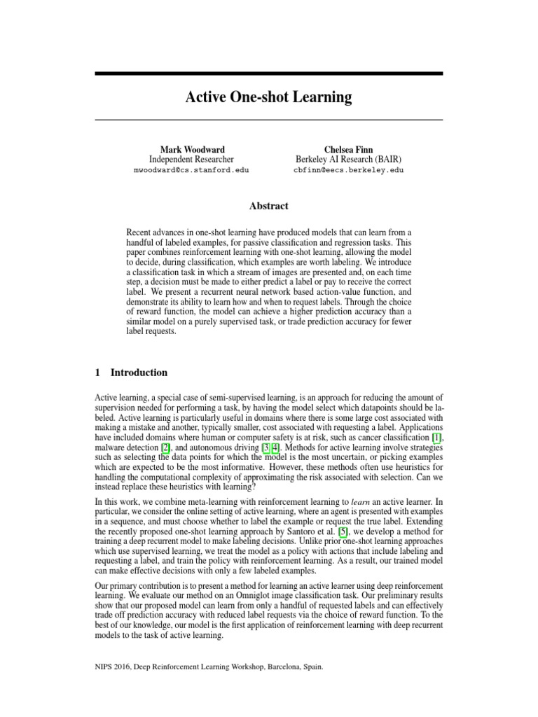 Active One-shot Learning with RL | PDF | Deep Learning | Artificial ...
