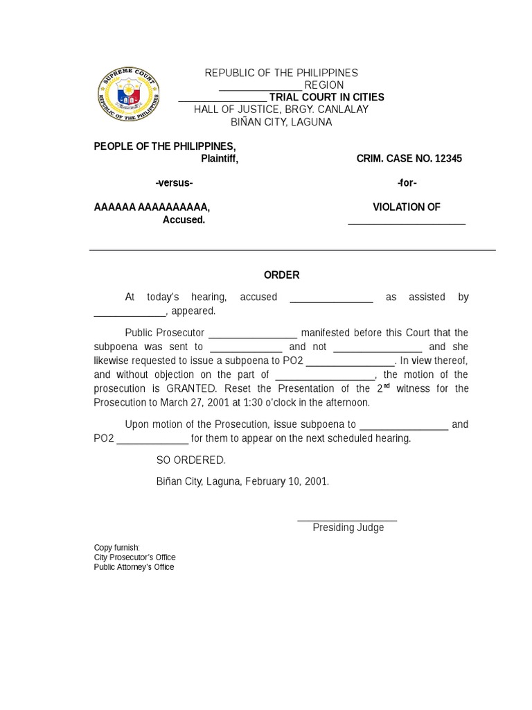 TRIAL COURT IN CITIES Copy Furnish City Prosecutor's Office Public