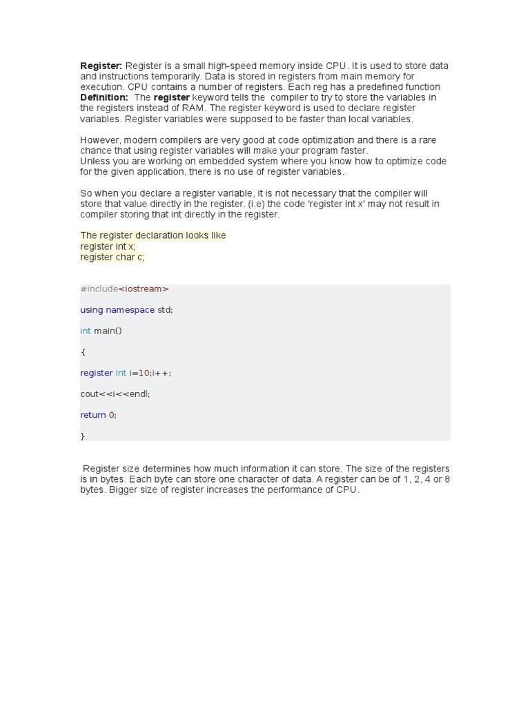 Register: Register Is A Small High-Speed Memory Inside CPU. It Is Used ...