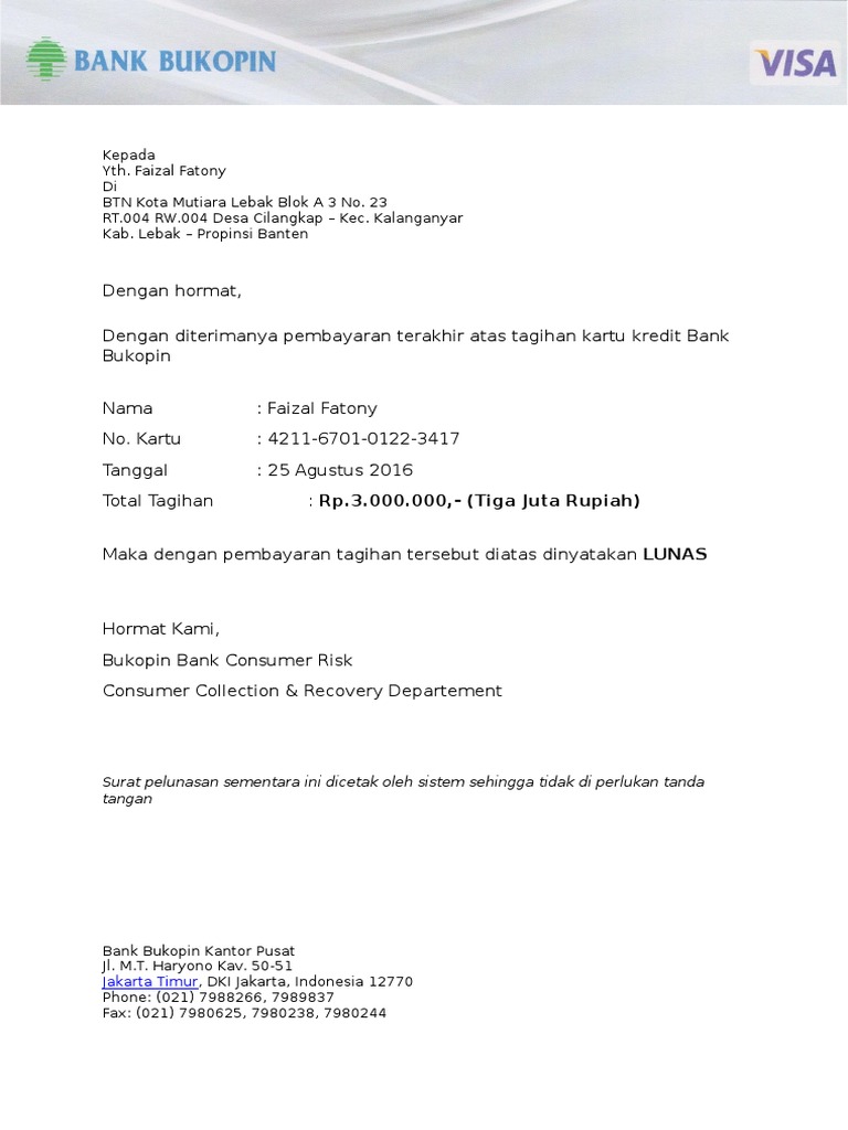 Surat Keterangan Lunas Kartu Kredit Bank Mega Berbagi Info Kartu