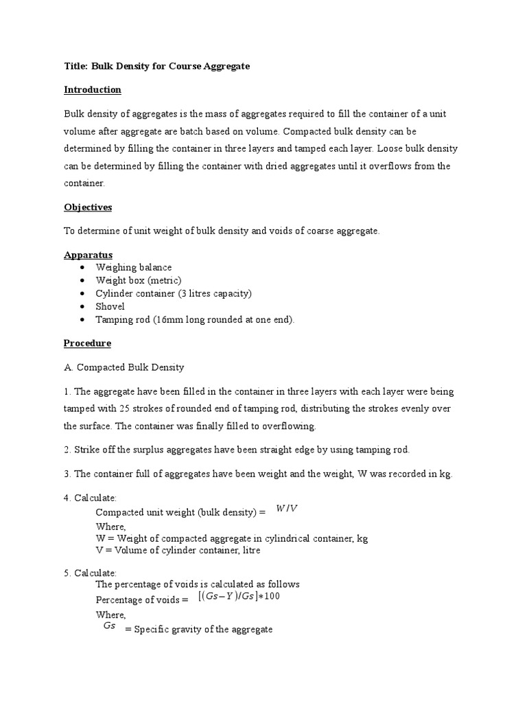 Bulk Density of Coarse Aggregate Analysis | PDF | Density | Porosity