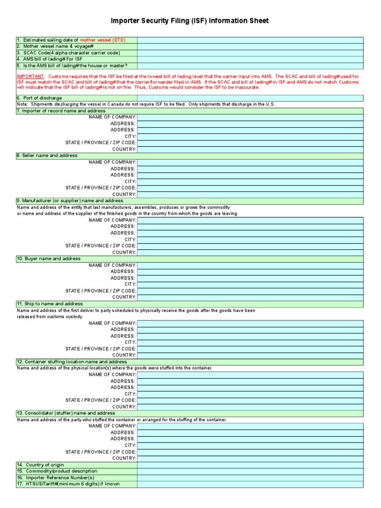 Blank Isf Template PDF Bill Of Lading Cargo