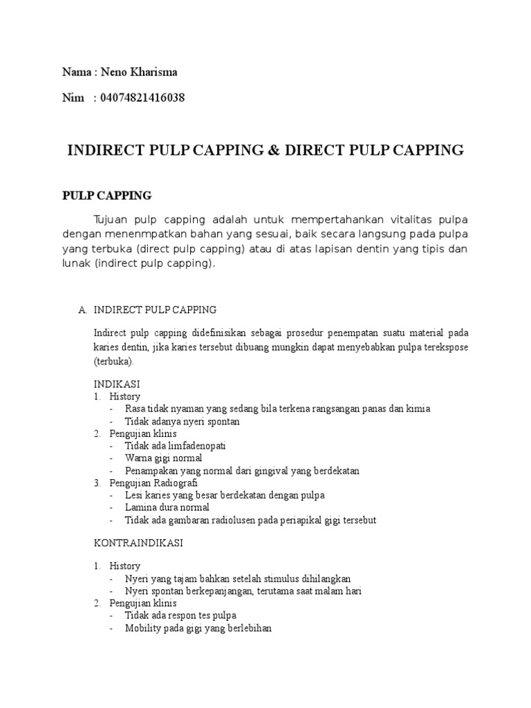 Prosedur Pulp Capping: Indirect & Direct | PDF