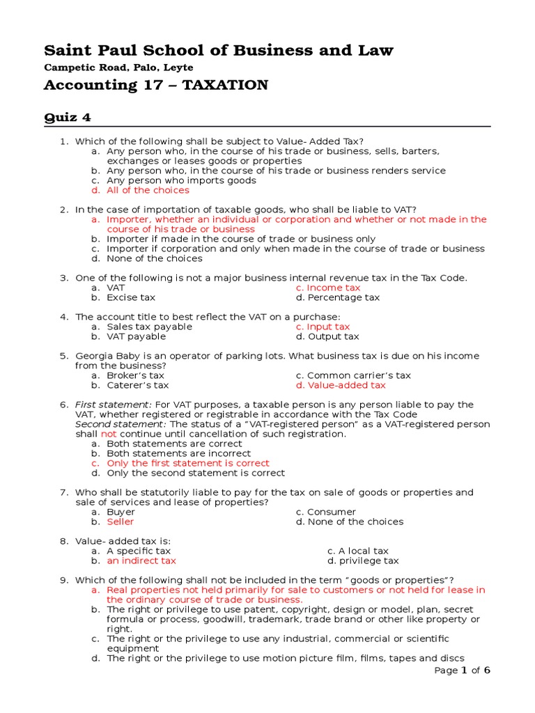 Analysis of ValueAdded Tax Concepts on a College Accounting Quiz PDF
