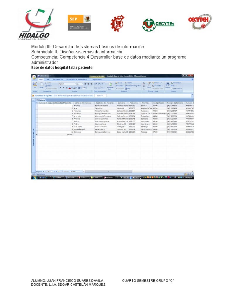 Base de Datos Hospital Tabla Paciente Módulo (Matemáticas) Datos de