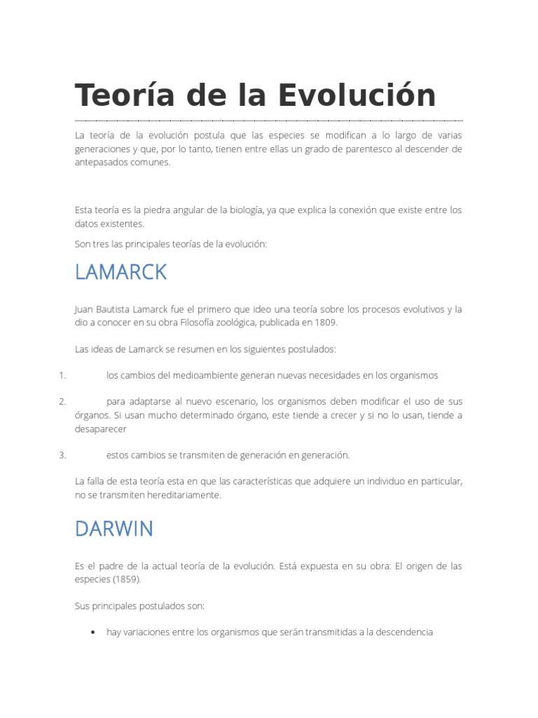 Teoría de la Evolución: Lamarck y Darwin | PDF | Reproducción | Homeostasis