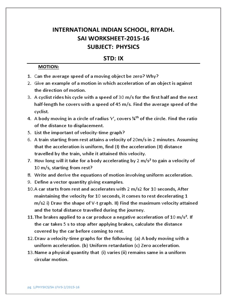 Physics Worksheet 2 Class IX Motion Acceleration Velocity