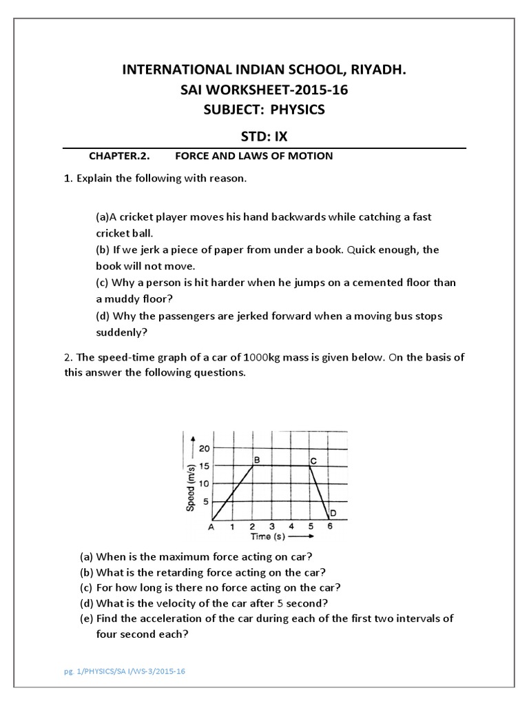 Physics Worksheet 3 Class Ix Force and Laws of Motion Momentum Force