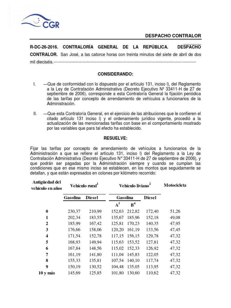 Kilometraje Contraloría R DC 26 2016 Descargar gratis PDF Gobierno