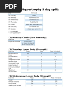 Strength/hypertrophy 5 Day Split:: (1) Monday: Cardio (Low Intensity)