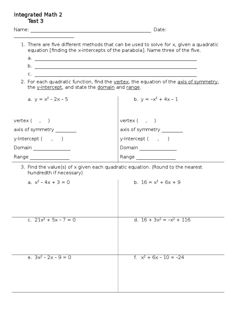 Test 3 Quadratic Equation Mathematical Relations