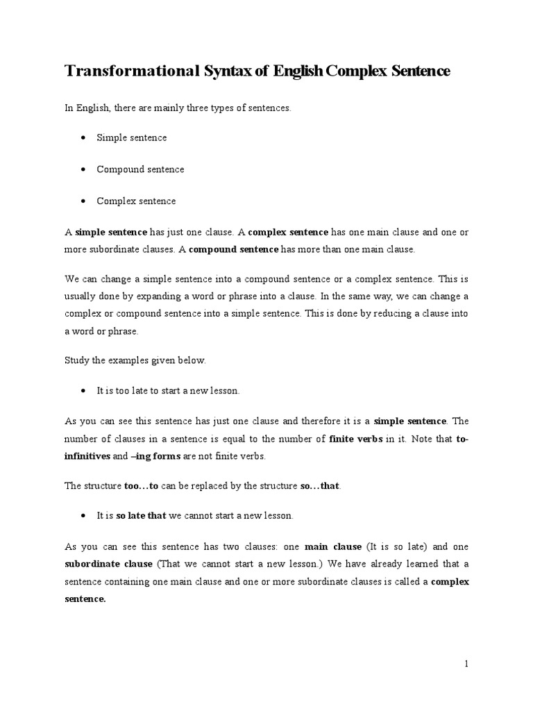 English Complex Sentence Syntax Guide | PDF | Sentence (Linguistics ...