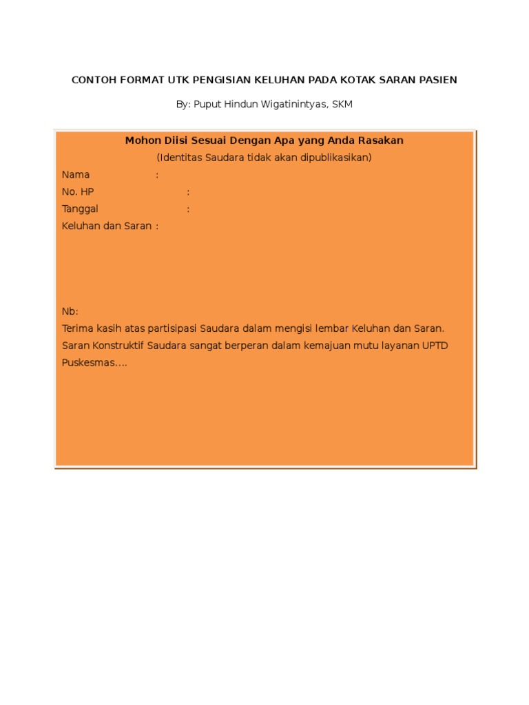 2 Format Pengisian Keluhan Dan Saran Pasien 12102020 Contoh Saran Dalam Makalah 1.