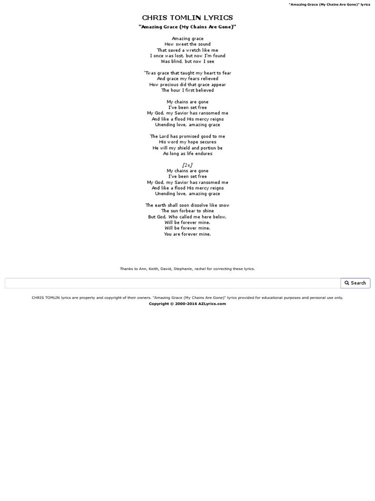 Chris Tomlin Lyrics Amazing Grace My Chains Are Gone Amazing Grace Shabbat Prayers