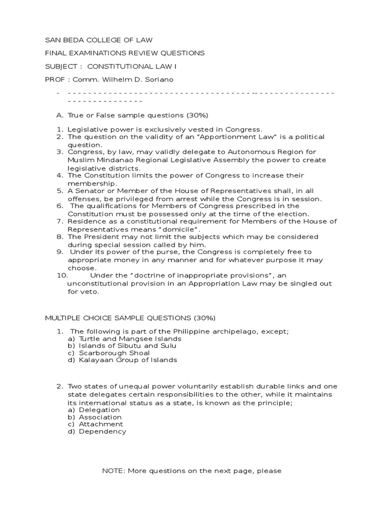 Consti Law 1 Final Exams Sample Questions United States Congress