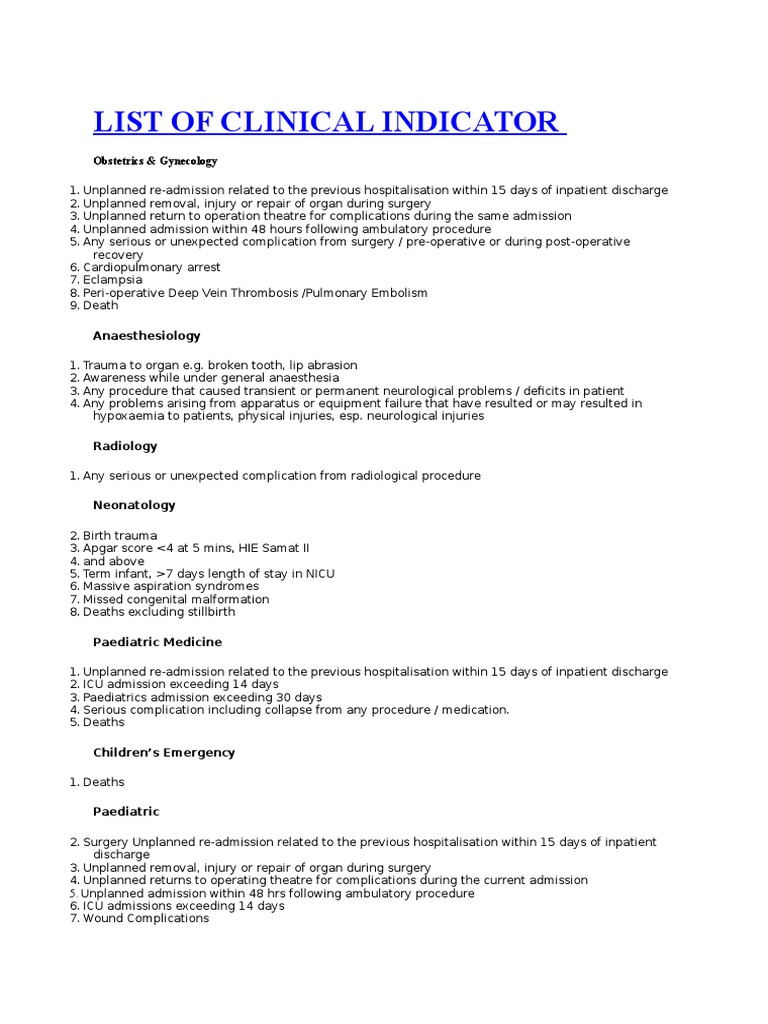 List of Indicator Clinis | PDF | Surgery | Patient