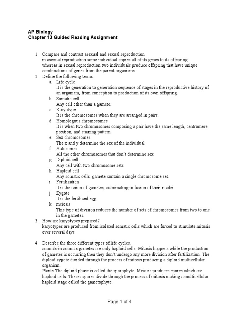 Ch 13 Guided Reading Ap Bio Meiosis Ploidy