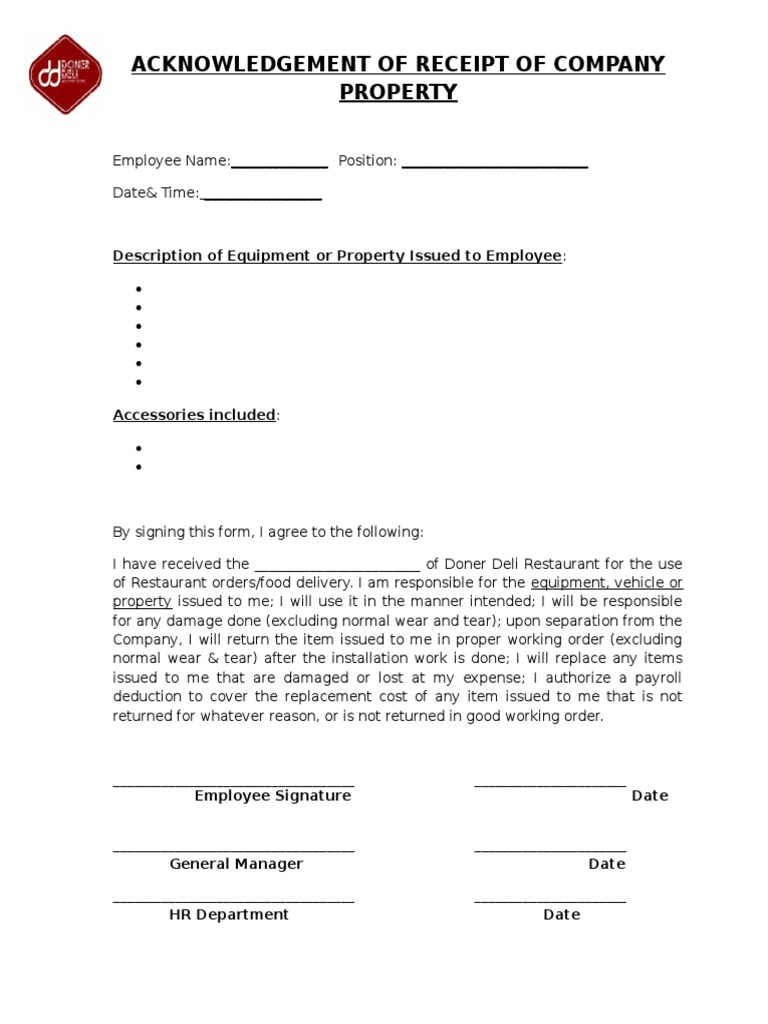 Acknowledgement of Receipt of Company Property PDF